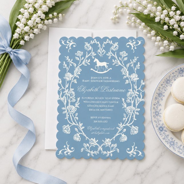 Convite Chá de Bebê do Cavalo de Balanço Azul Wedgwood Vin (Preppy Wedgewood Blue Baby Shower Invitation)