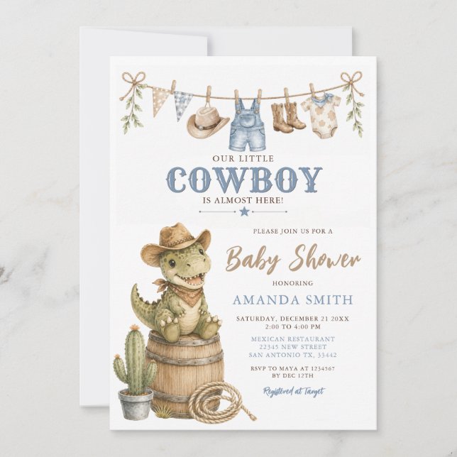 Convite Chá de Bebê do Cowboy Dinossauro Bebê (Frente)