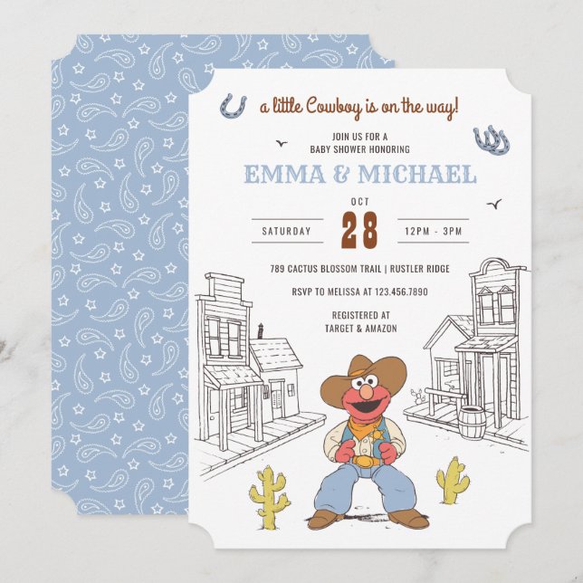 Convite Chá de Bebê do Cowboy Elmo da Rua Sésamo (Frente/Verso)