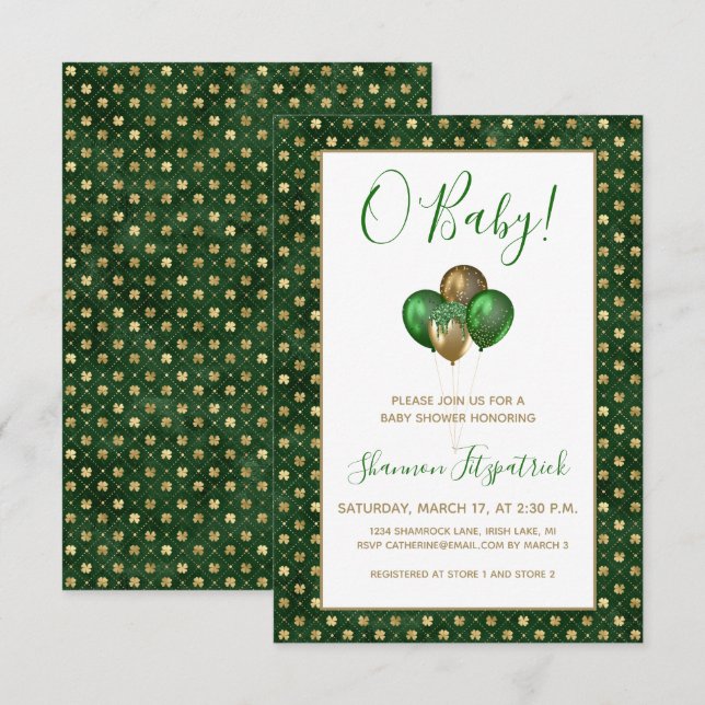 Convite Chá de Bebê do Dia de São Patrício Verde Dourado T (Frente/Verso)