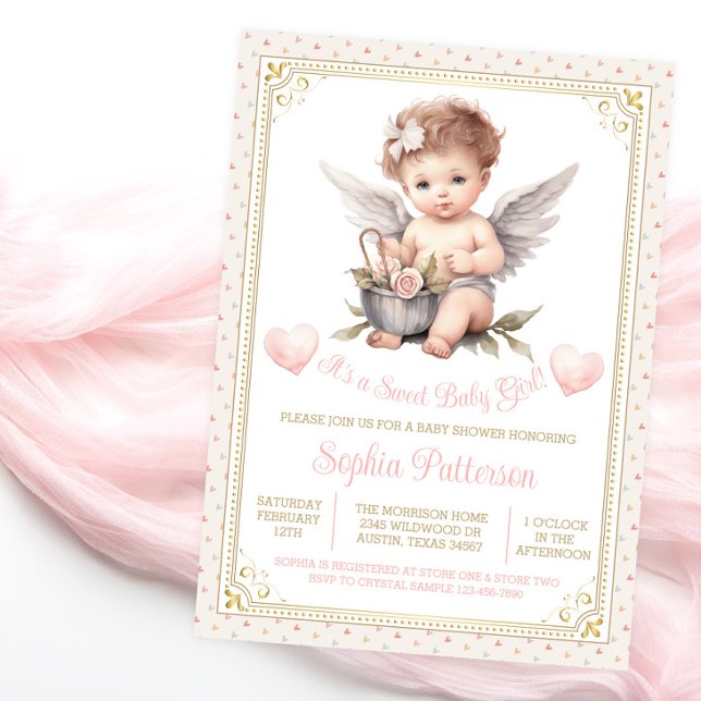 Convite Chá de Bebê do Doce Querubim do Dia dos Namorados (Sweet baby shower invitation with adorable baby girl cherub on a pretty heart background.)