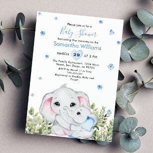 Convite Chá de Bebê do Elefante Bebê Mamãe Azul Doce
