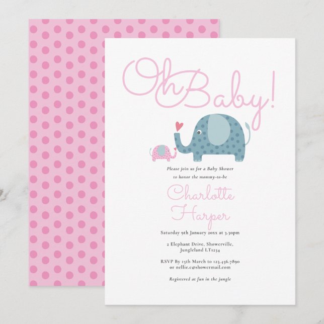 Convite Chá de Bebê do Elefante de Bolinhas Rosa Oh Bebê (Frente/Verso)