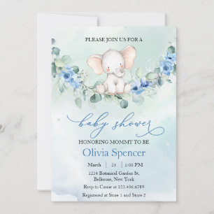 Convite Chá de Bebê do Elefante Floral Azul Caprichoso