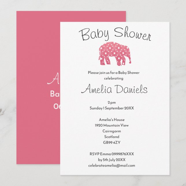 Convite Chá de Bebê do Elefante Rosa Bonito (Frente/Verso)