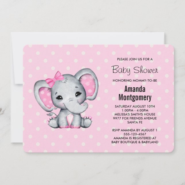 Convite Chá de Bebê do Elefante Rosa com Bolinhas (Frente)