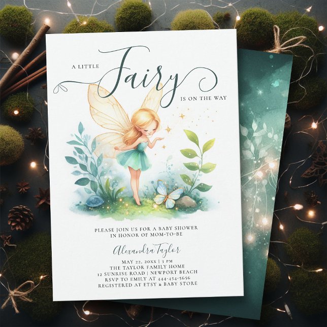 Convite Chá de Bebê do Jardim das Esmeraldas Encantada (a little fairy girl baby shower invitation enchanted forest garden butterfly emerald gold classy)