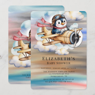 Convite Chá de Bebê do Menino Avião Antigo Penguin