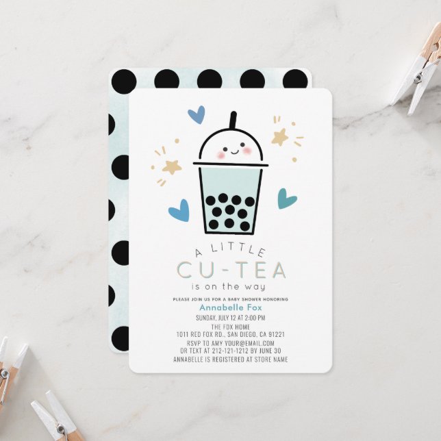 Convite Chá de Bebê do Menino Azul Boba Bubble Tea (Frente/Verso In Situ)