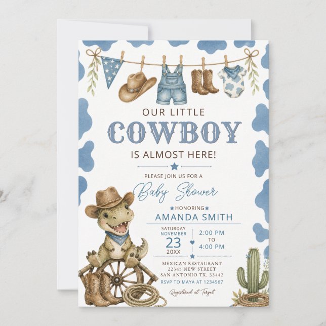 Convite Chá de Bebê do Menino Cowboy Dinosaur do Oeste (Frente)