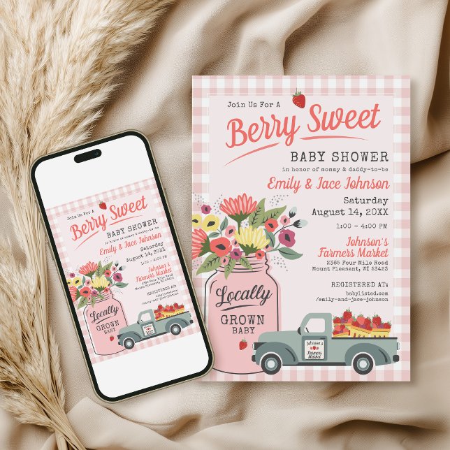 Convite Chá de Bebê do Mercado de Produtores Digitais Berr (Cute modern hand drawn custom farmers market berry sweet gingham baby girl shower digital invitation)