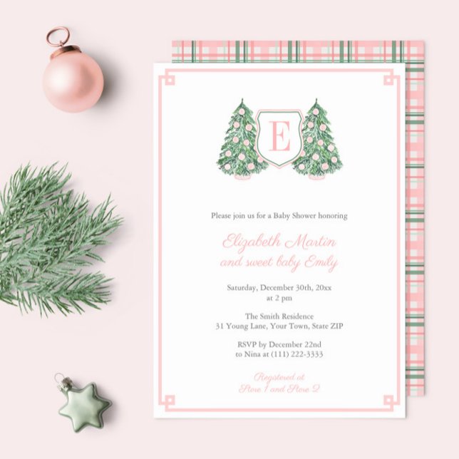 Convite Chá de Bebê do Monograma Rosa Elegante (Elegant Pink Green Chinoiserie Christmas Monogram Baby Shower Invitations to welcome a little girl)