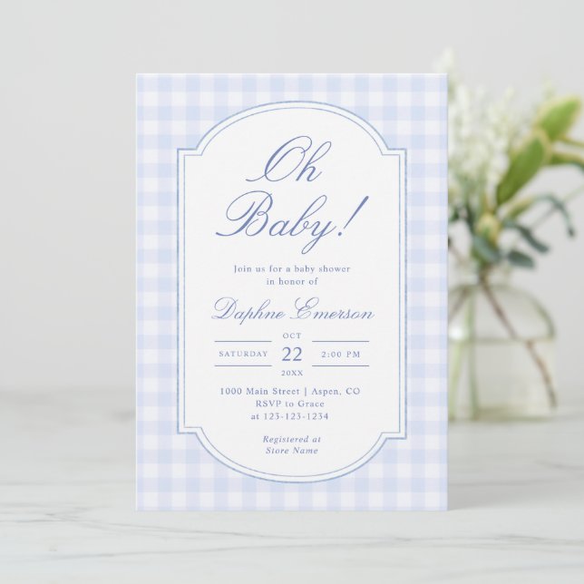 Convite Chá de Bebê do Oh Baby Blue Gingham (Em pé/Frente)