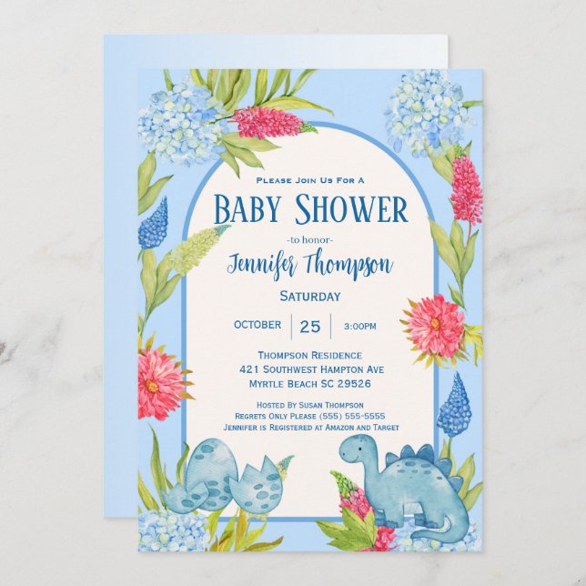 Convite Chá de Bebê do Ovo da Mamãe Dinossauro Floral Fofo (Frente/Verso)