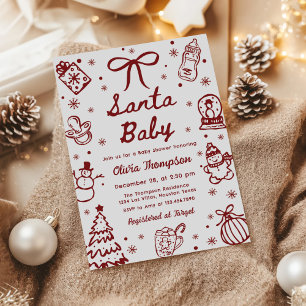 Convite Chá de Bebê do Papai Noel Desenhado à Mão Vermelho