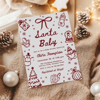 Convite Chá de Bebê do Papai Noel Desenhado à Mão Vermelho