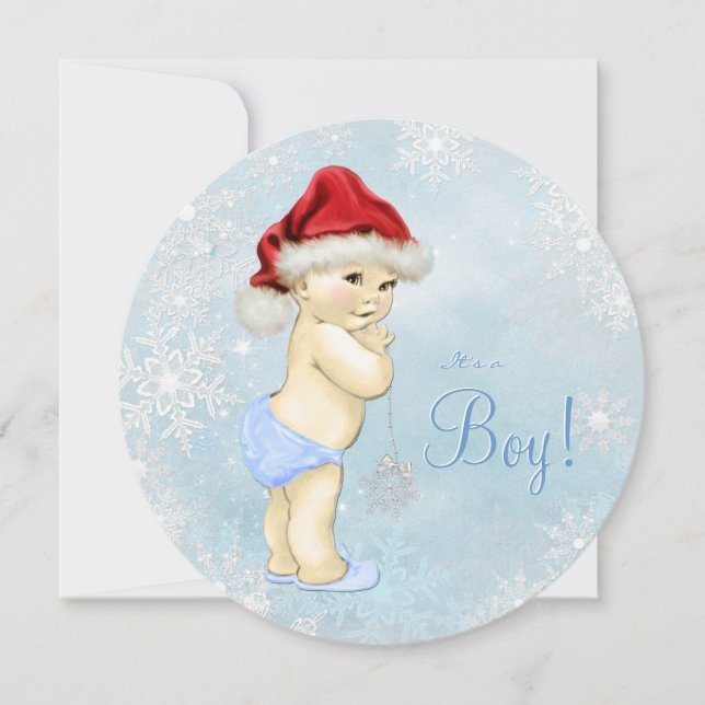 Convite Chá de Bebê do Papai Noel Fofo Azul Floco de Neve  (Frente)