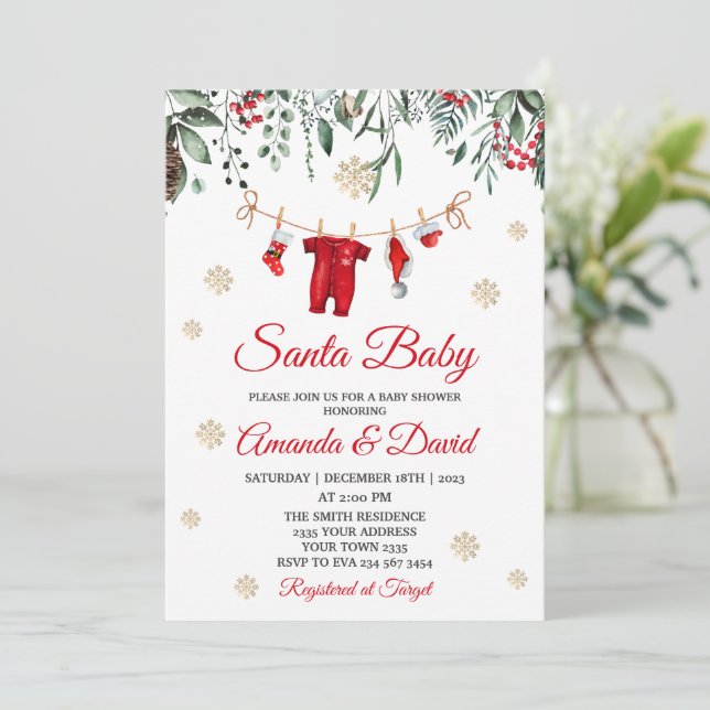 Convite Chá de Bebê do Papai Noel Vermelho Roupas de Natal (Em pé/Frente)