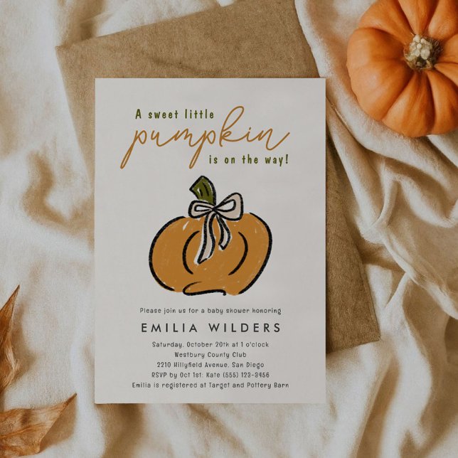 Convite Chá de Bebê do Pequeno Abóbora a Caminho (A sweet little pumpkin is on the way and we're ready to celebrate with cute baby shower invitations.)