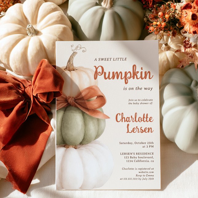 Convite Chá de Bebê do Pequeno Abóbora Neutro (Bow Little Pumpkin Gender Neutral Baby Shower Invitation)