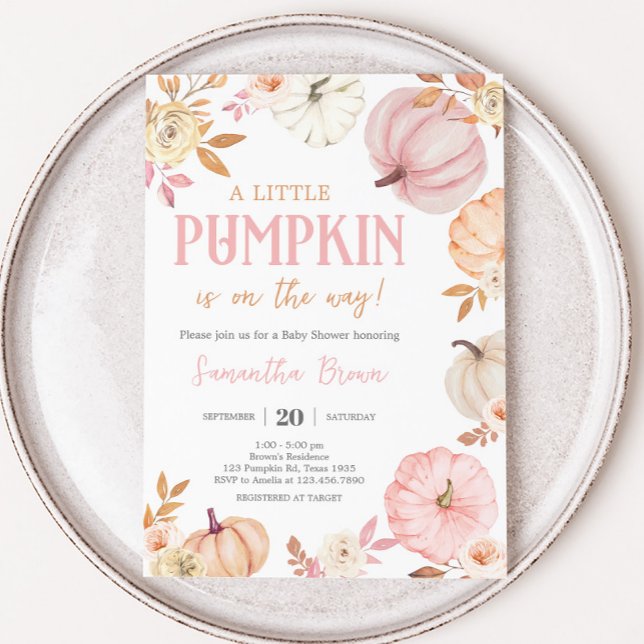 Convite Chá de Bebê do Pequeno Abóbora Rosa de Outono (Girl Little Pumpkin Fall Baby Shower Invitation)