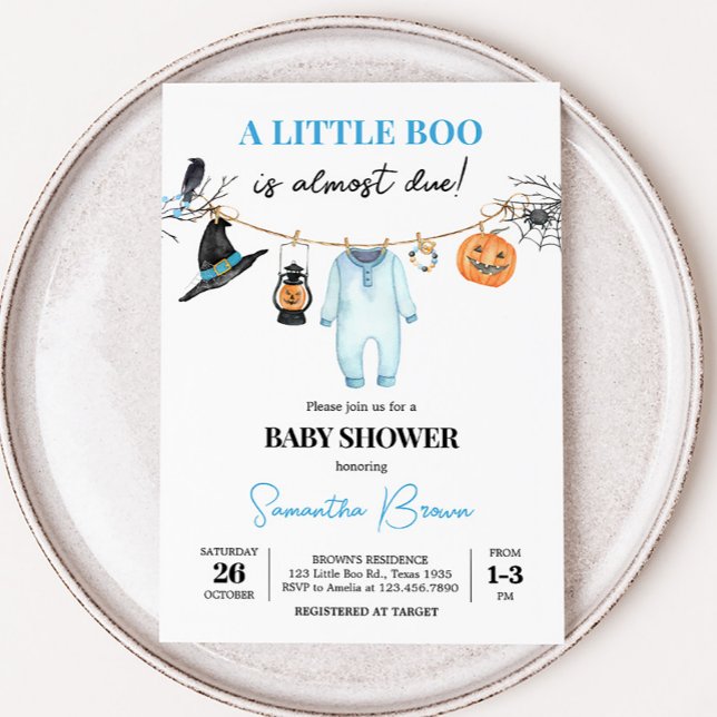 Convite Chá de Bebê do Pequeno Boo Azul de Halloween (Halloween Baby Clothes Baby Shower Invitation
)