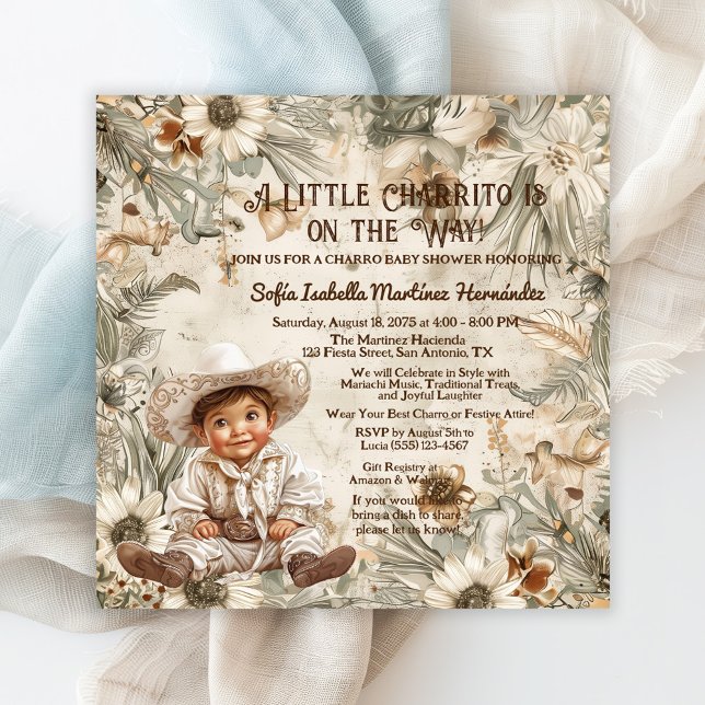 Convite Chá de Bebê do Pequeno Charro Fofo (Cute charro baby shower invitation with adorable baby boy!)