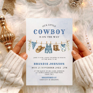 Convite Chá de Bebê do Pequeno Cowboy Azul Moderno na Cord