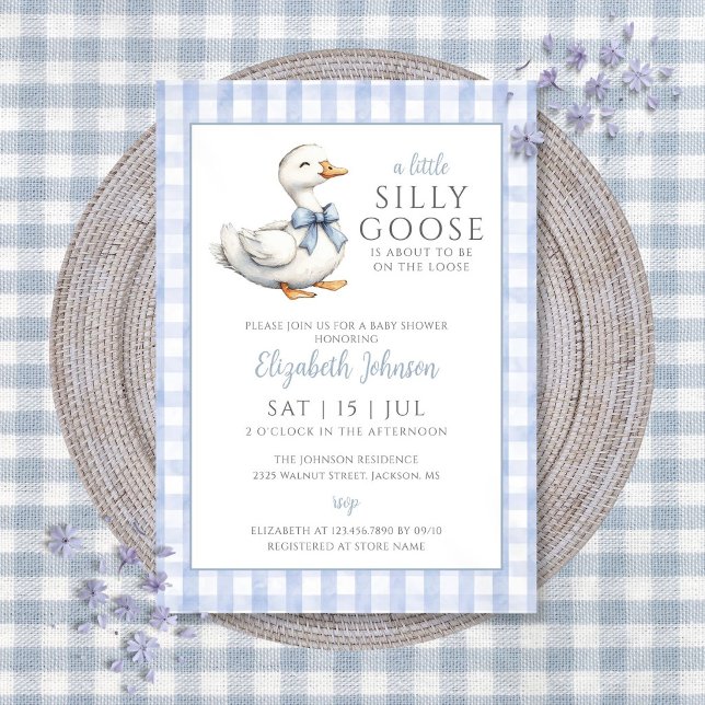 Convite Chá de Bebê do Pequeno Patinho Azul Azul  (Little Silly Goose Blue Boy Baby Shower Invitation)