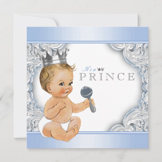 Convite Chá de Bebê do Príncipe Azul Prata Baby Blue (Frente)