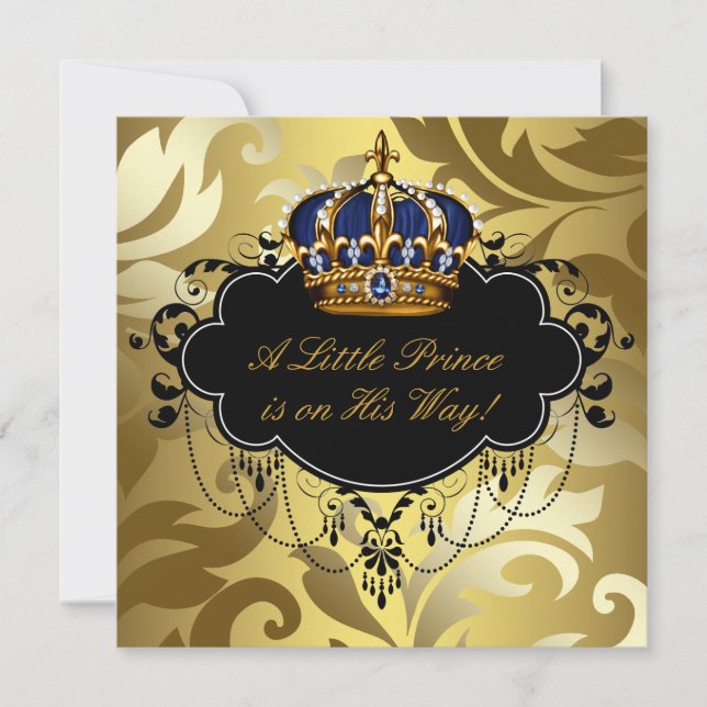 Convite Chá de Bebê do Príncipe Azul, Preto e Dourado da M (Frente)