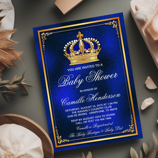 Convite Chá de Bebê do Príncipe Azul Real Dourado (Criador carregado)