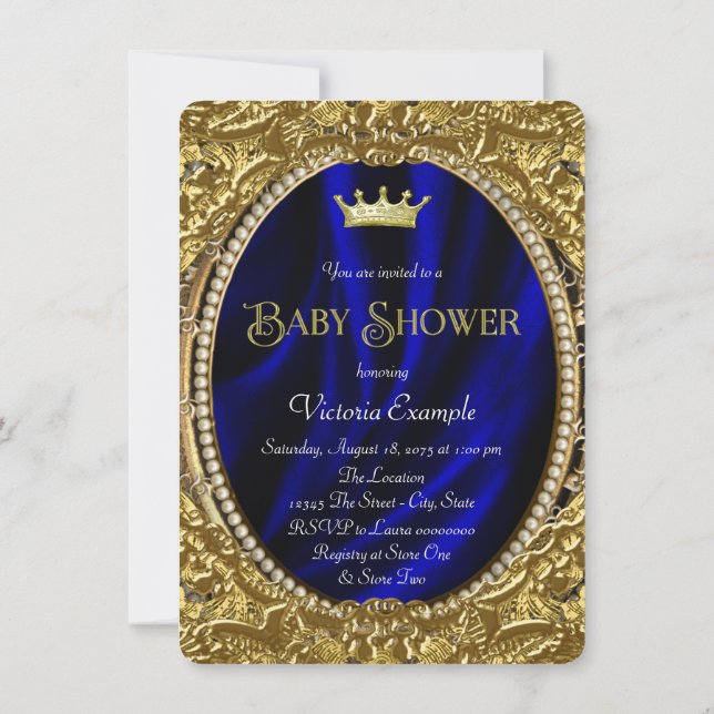 Convite Chá de Bebê do Príncipe Azul Royal e Dourado Elega (Verso)