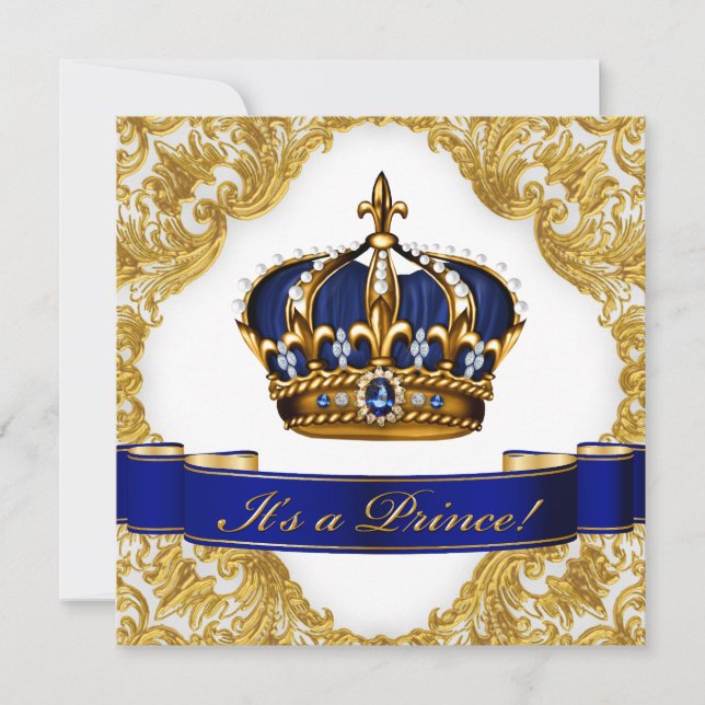 Convite Chá de Bebê do Príncipe Coroa Azul Royal e Dourado (Frente)
