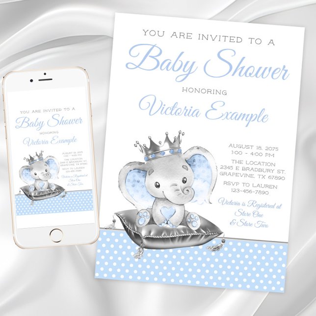 Convite Chá de Bebê do Príncipe Elefante Menino (Boy Elephant Baby Shower Invitation. Instant download and printed invitations available.)
