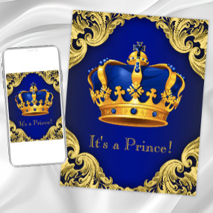 Convite Chá de Bebê do Príncipe Elegante Azul e Dourado