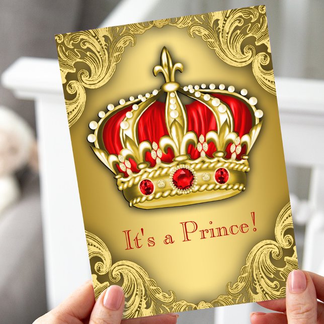 Convite Chá de Bebê do Príncipe Elegante Vermelho e Dourad (Criador carregado)