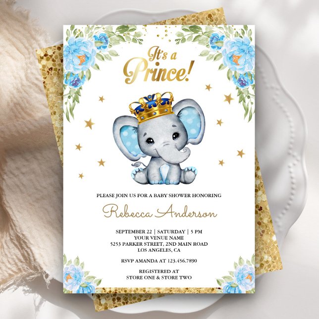 Convite Chá de Bebê do Príncipe Floral Fofo Elefante (Criador carregado)