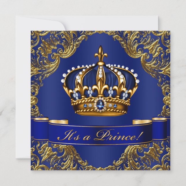 Convite Chá de Bebê do Príncipe Herdeiro Azul Real Dourado (Frente)