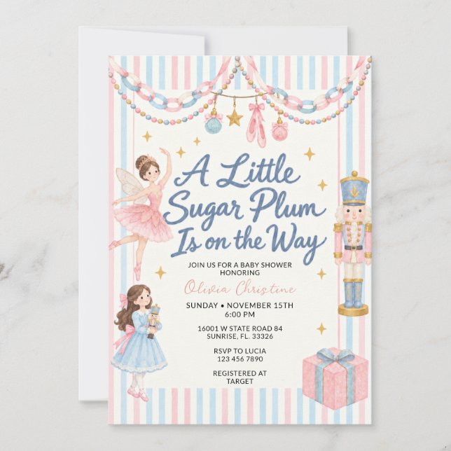 Convite Chá de Bebê do Quebra-Nozes Rosa Azul Sugar Plum  (Frente)