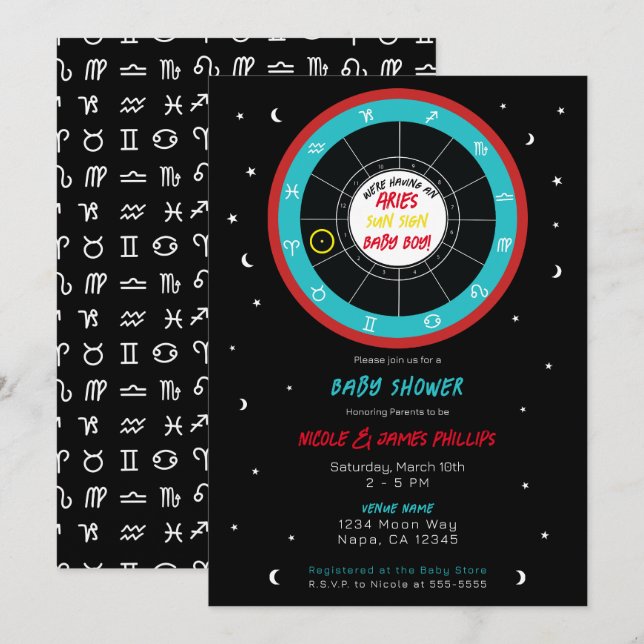 Convite Chá de Bebê do Signo do Zodíaco de Astrologia Pers (Frente/Verso)