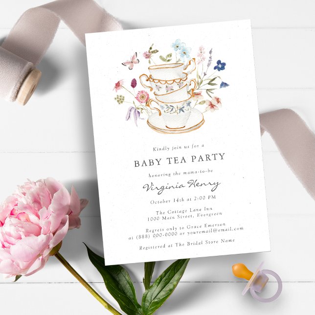 Convite Chá de Bebê do Tea Party (Beautiful Wildflower Baby Shower Tea Party Invitation by Painted Paperie)