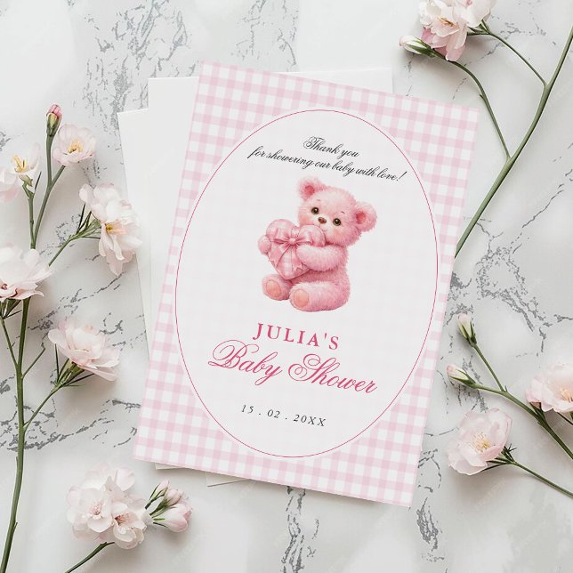 Convite Chá de Bebê do Ursinho de Gingham Rosa Pequeno Cor (Criador carregado)