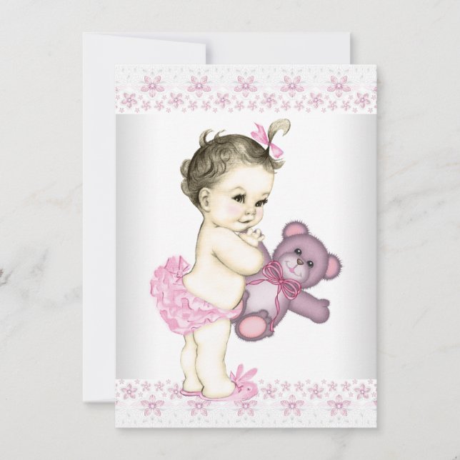 Convite Chá de Bebê do Ursinho de Pelúcia Rosa (Frente)