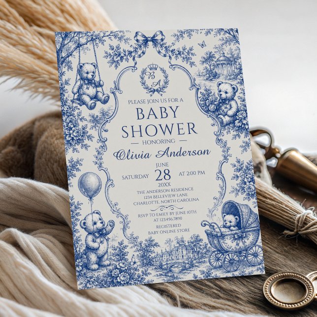 Convite Chá de Bebê do Ursinho de Toile Azul (Criador carregado)