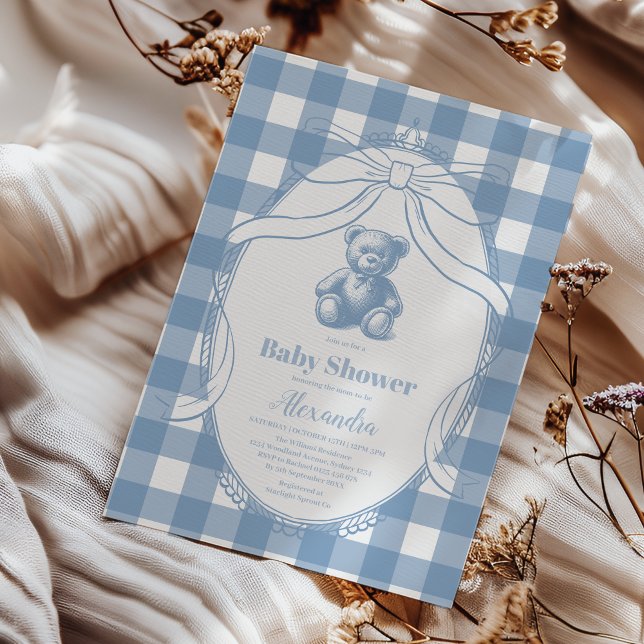 Convite Chá de Bebê do Ursinho Francês de Gingham (Criador carregado)