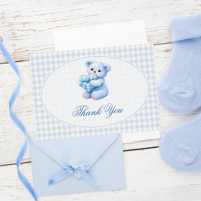 Convite Chá de Bebê do Ursinho Little Heart Blue Gingham (Criador carregado)