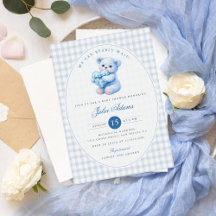 Chá de Bebê do Ursinho Little Heart Blue Gingham