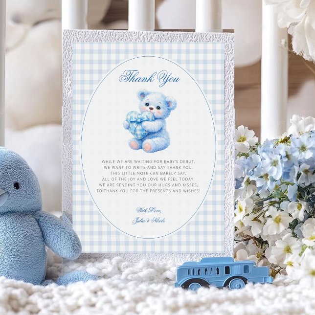 Convite Chá de Bebê do Ursinho Little Heart Blue Gingham (Criador carregado)