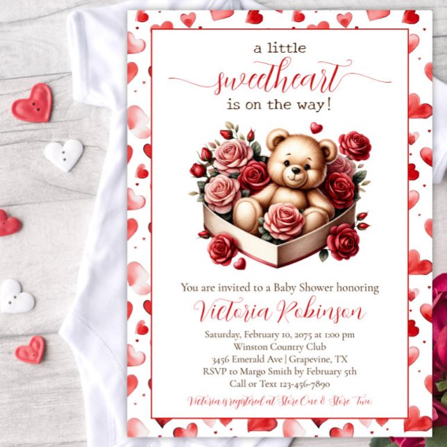 Convite Chá de Bebê do Ursinho Querido (Sweetheart valentine baby shower invitation with cute baby bear in a heart shaped box.)